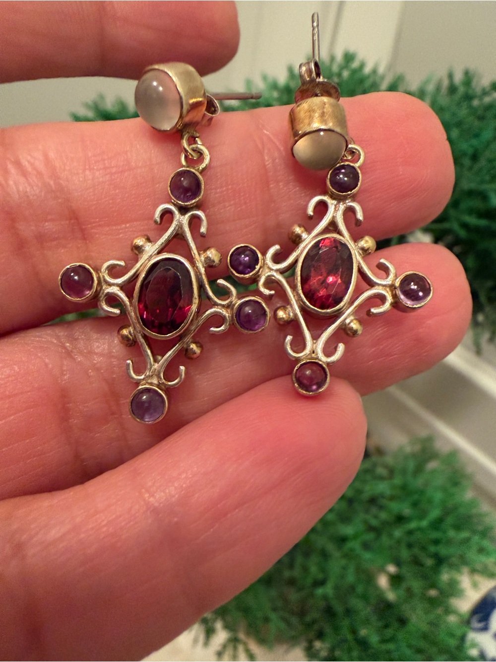 STERLING SILVER MOP, GARNET & AMETHYST PIERCED EARRINGS